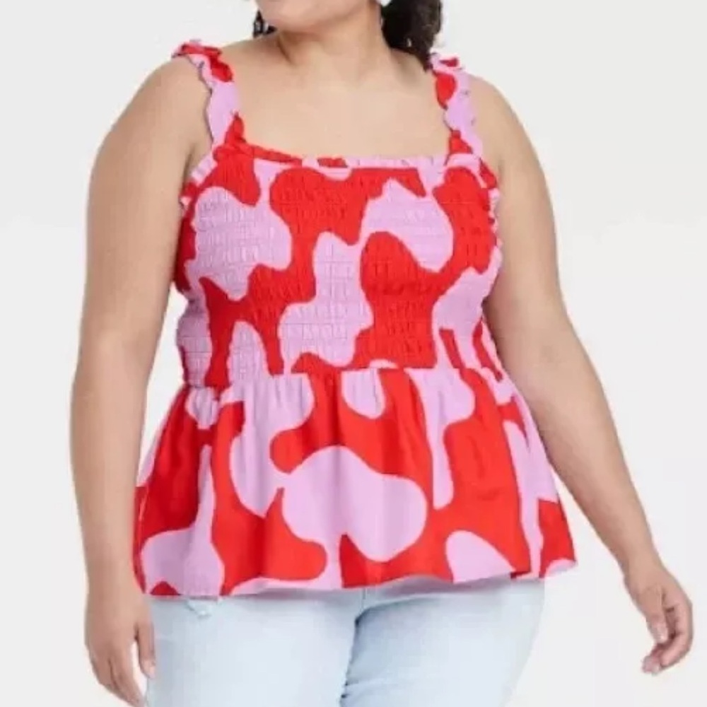&Ava & Viv smocked peplum tank red purple artsy top shirt ruffle strap plus size